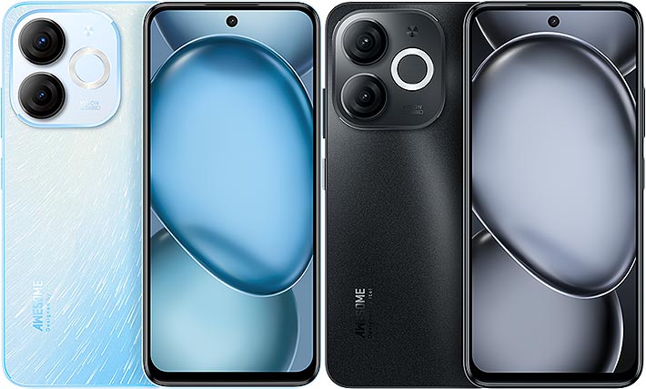 Three itel A80 smartphones in different colors (blue, black, and white) displayed vertically with their front and back sides shown.